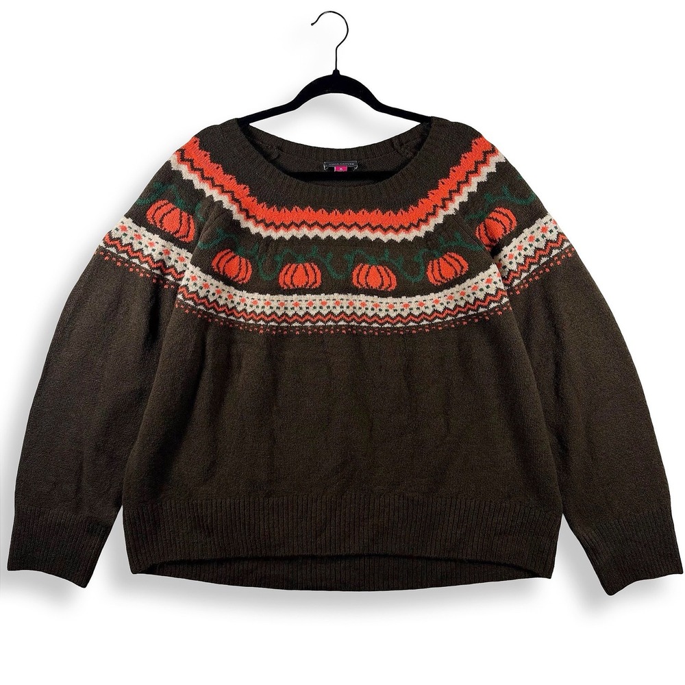 Vince Camuto Womens XL Pumpkin Fair‎ Isle Sweater Brown Fall Thanksgiving
